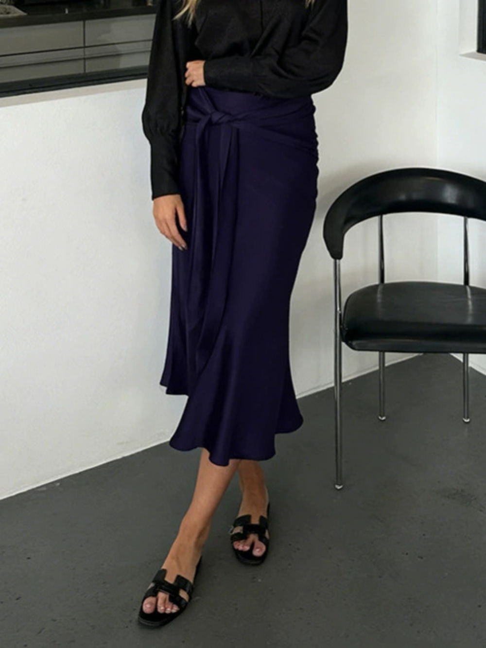 Forever 21 Navy Blue Faux Silk A-Line Skirt High Waist Tie Belt Slim Fit